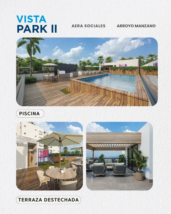 Piscina y terraza destechada, áreas sociales Vista Park II
